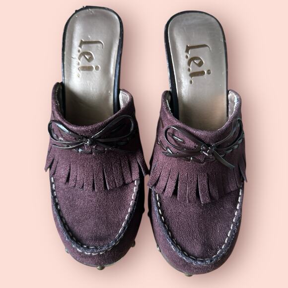 LEI Womens Brown Mule Clogs Platform Y2K 90s Suede Fringe Sz 7 Chunky Whimsygoth - Picture 2 of 6